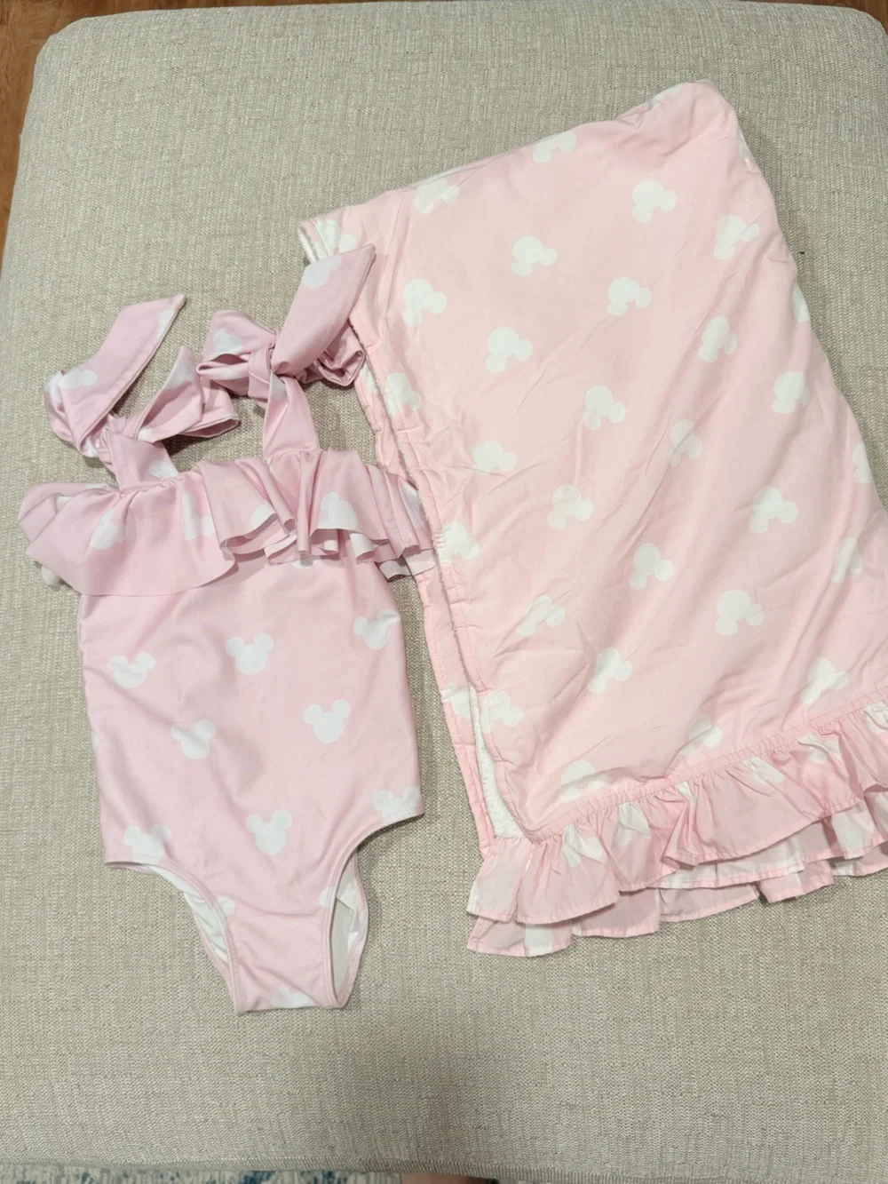 3T Cecil and Lou Mickey pink and white ruffle one piece swimsuit and towel set